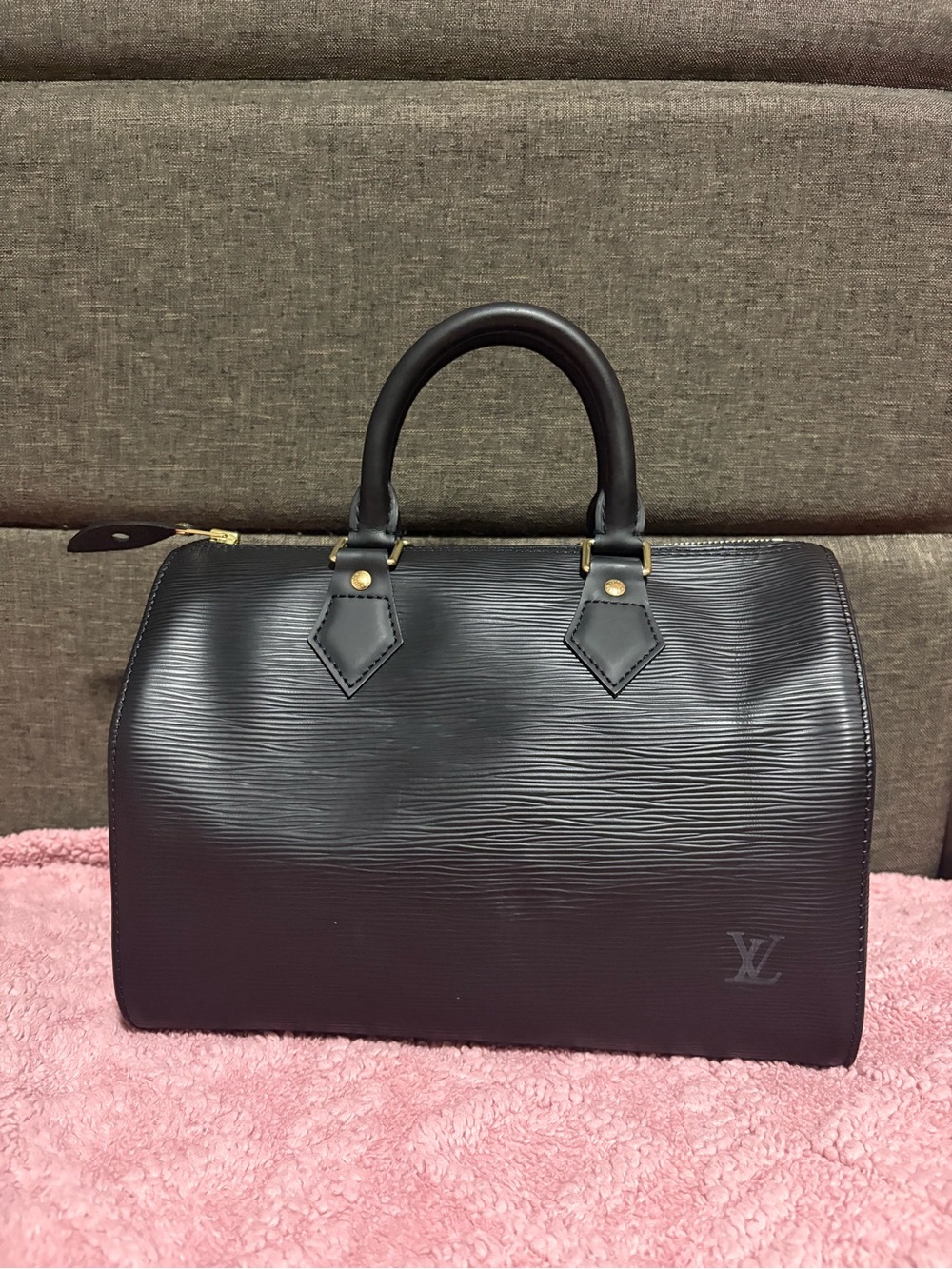 Louis Vuitton Black Epi Leather Handbag with Gold-Tone Hardware
